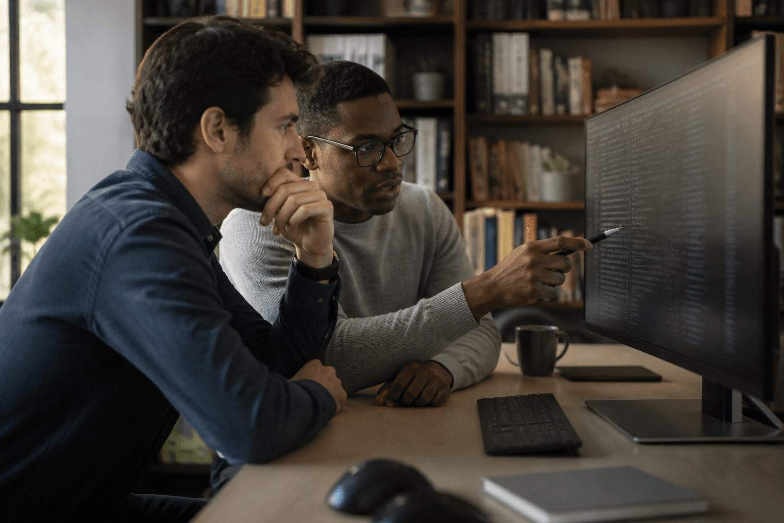Data engineers reviewing a wide monitor